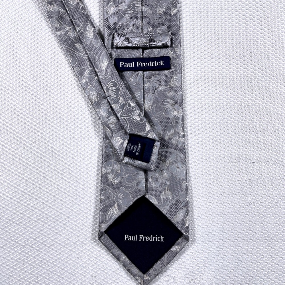 Paul Fredrick Silver Floral Silk Jacquard Necktie Men's Formal Dress Tie - Picture 2 of 3